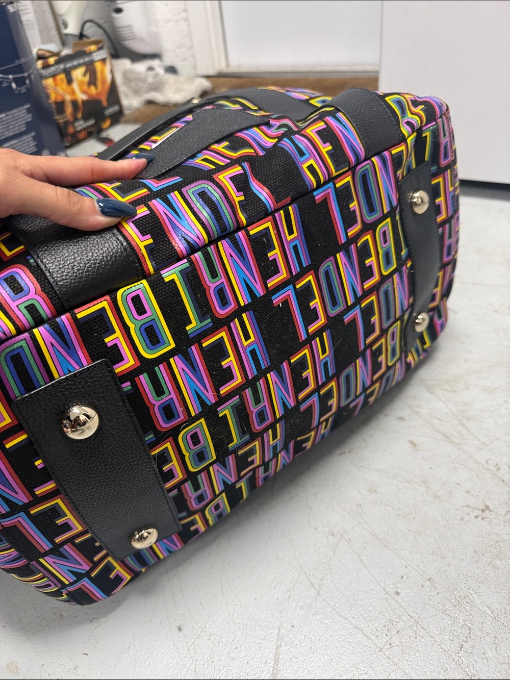 henri bendel x Steven Wilson Black Multicolor Logo Leather Duffle NWT - Picture 4 of 15